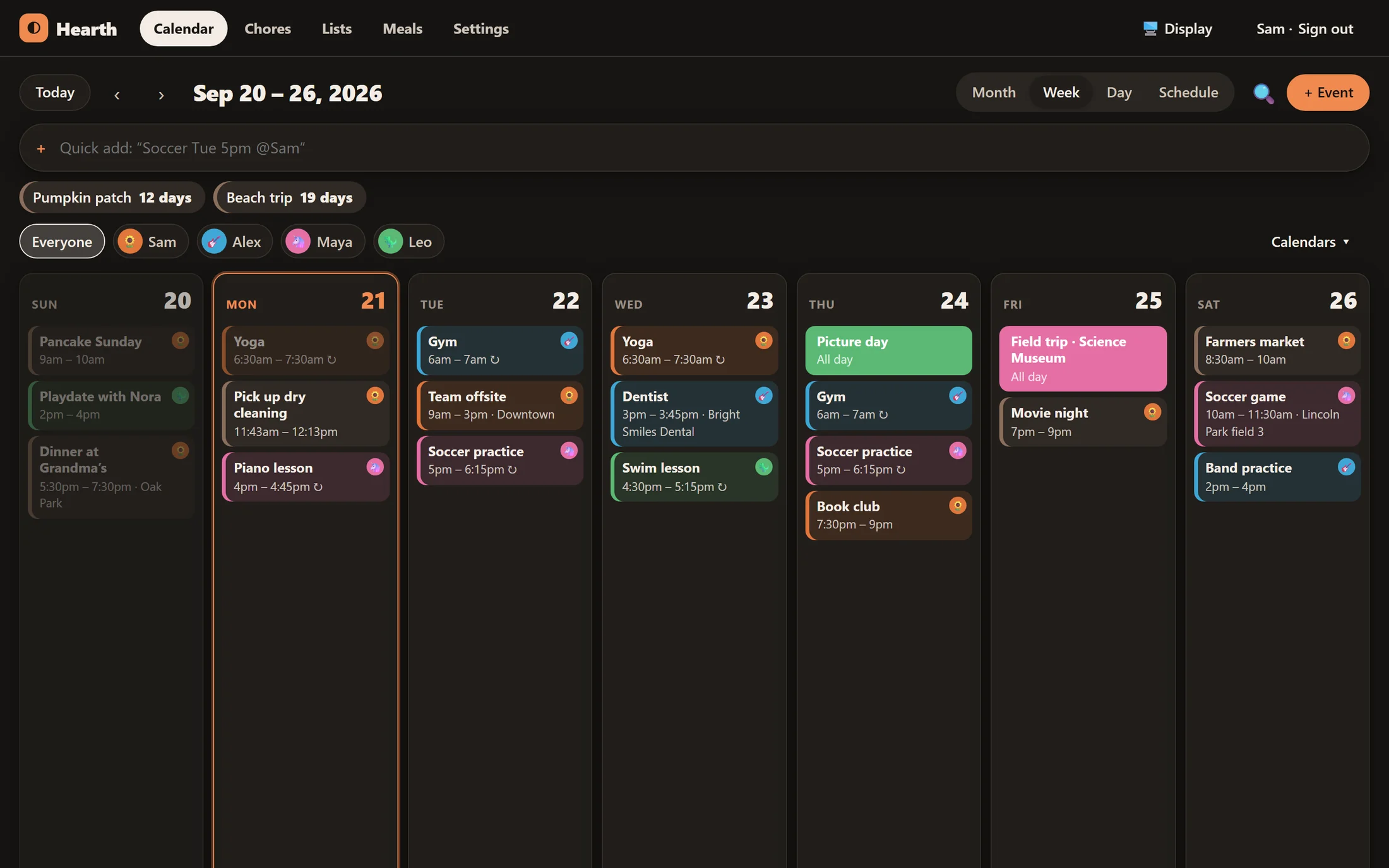 Hearth's week view in dark mode.