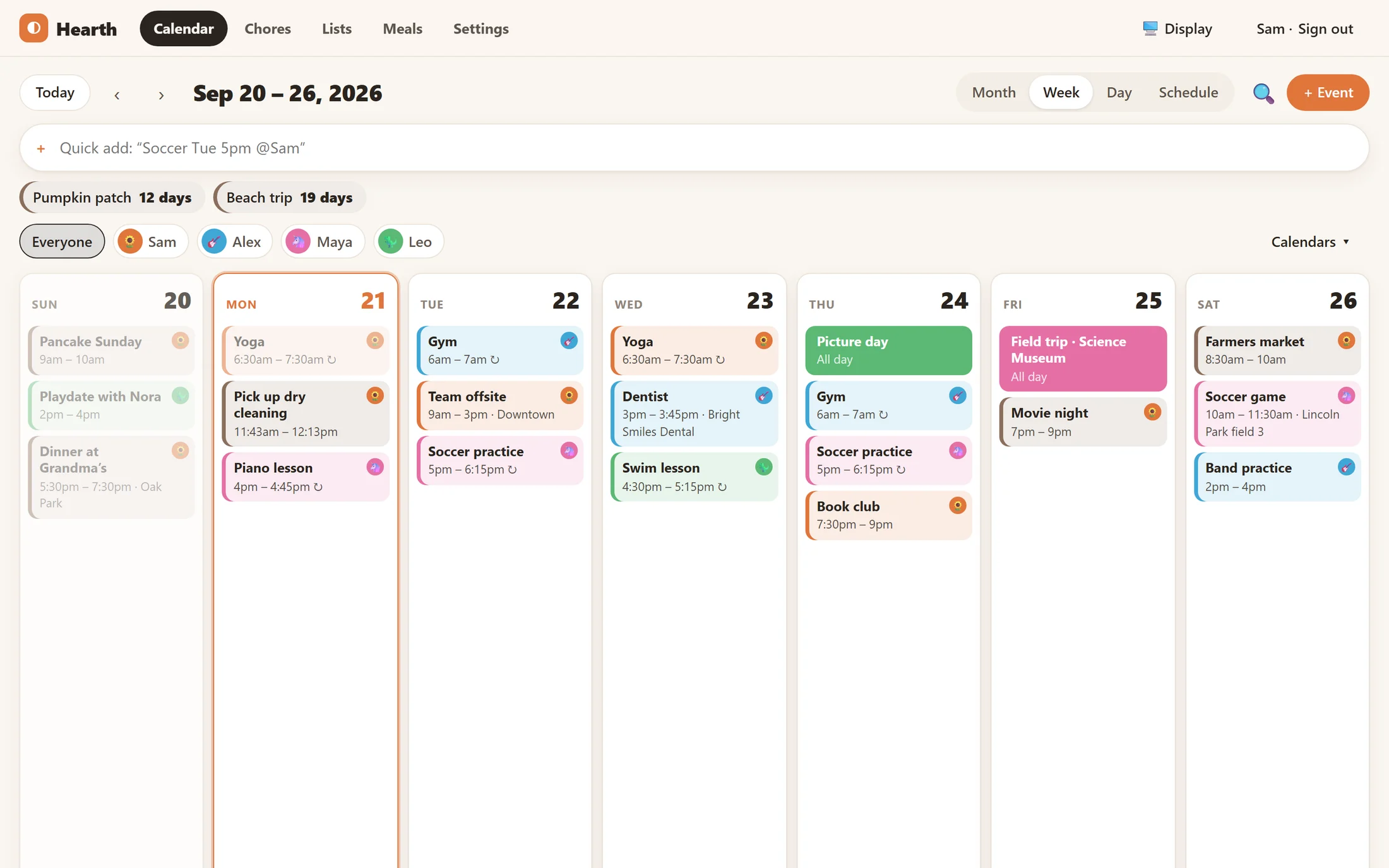 Hearth's week view in a browser, with the quick-add bar, countdown chips for the pumpkin patch and beach trip, and filters for each family member.