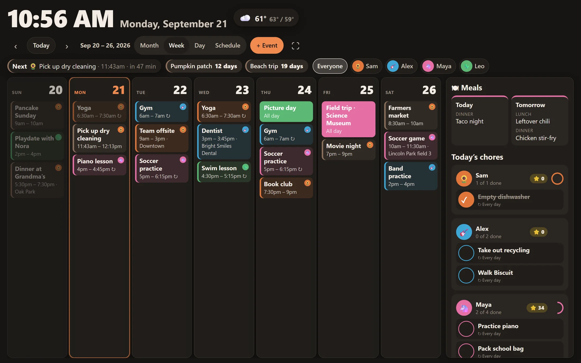 Hearth's wall display in dark mode: clock, weather, the family's week, meals and chores.