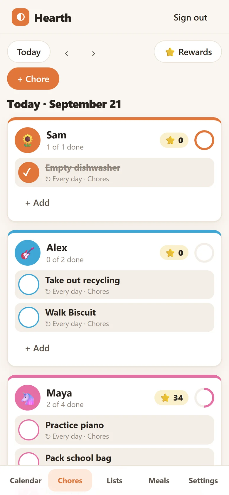 The Chores tab on a phone: each person's chores for today, with star balances and progress rings.