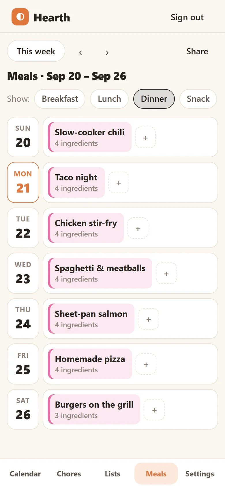 The meal planner on a phone, showing breakfast, lunch and dinner for each day of the week.